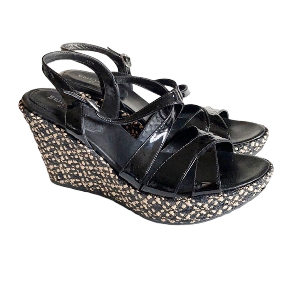 Eric Javits Womens Effie Black Patent Strap Raffia Wedge Sandal Shoes size 9.5 M